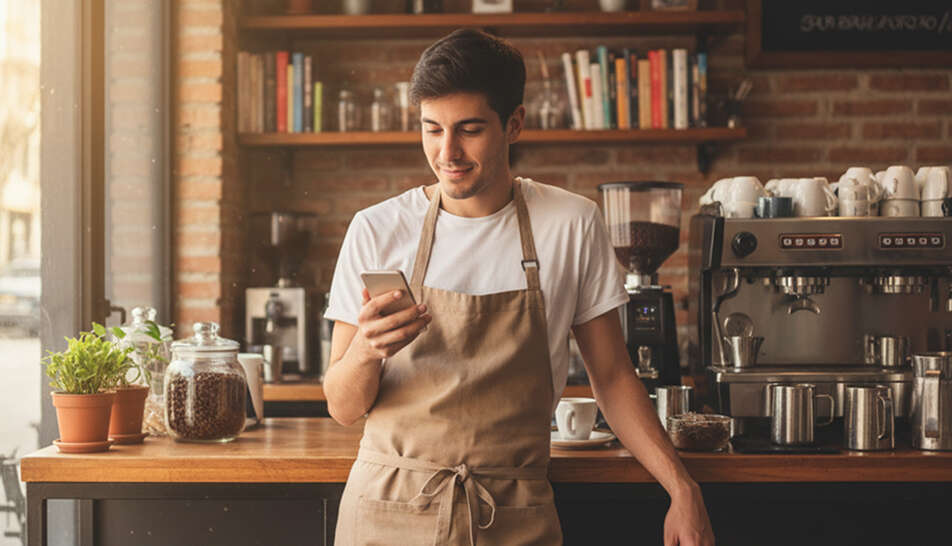 Hombre emprendedor en su café mirando su celular tranquilo