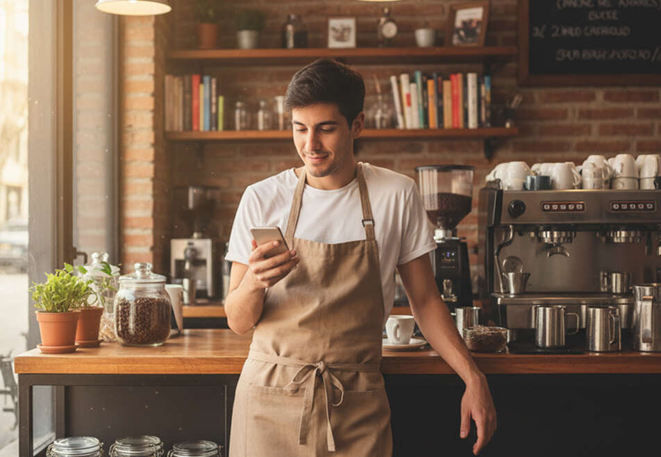 Hombre emprendedor en su café mirando su celular tranquilo