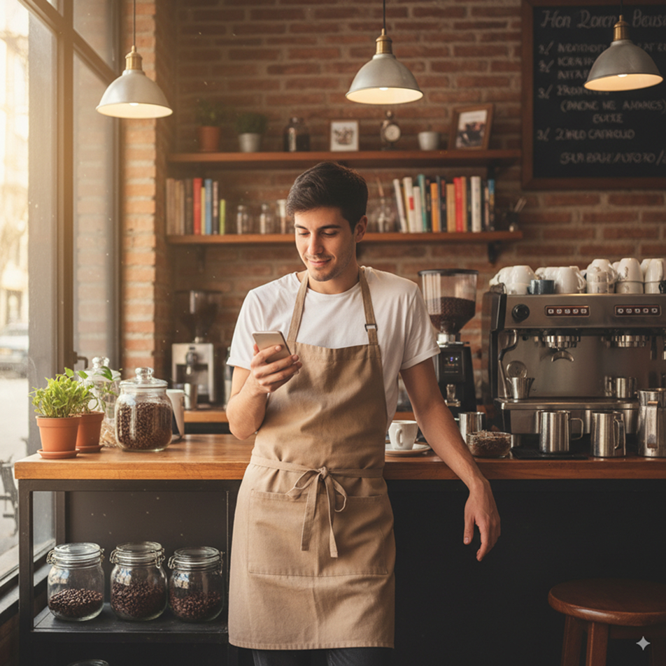 Hombre emprendedor en su café mirando su celular tranquilo